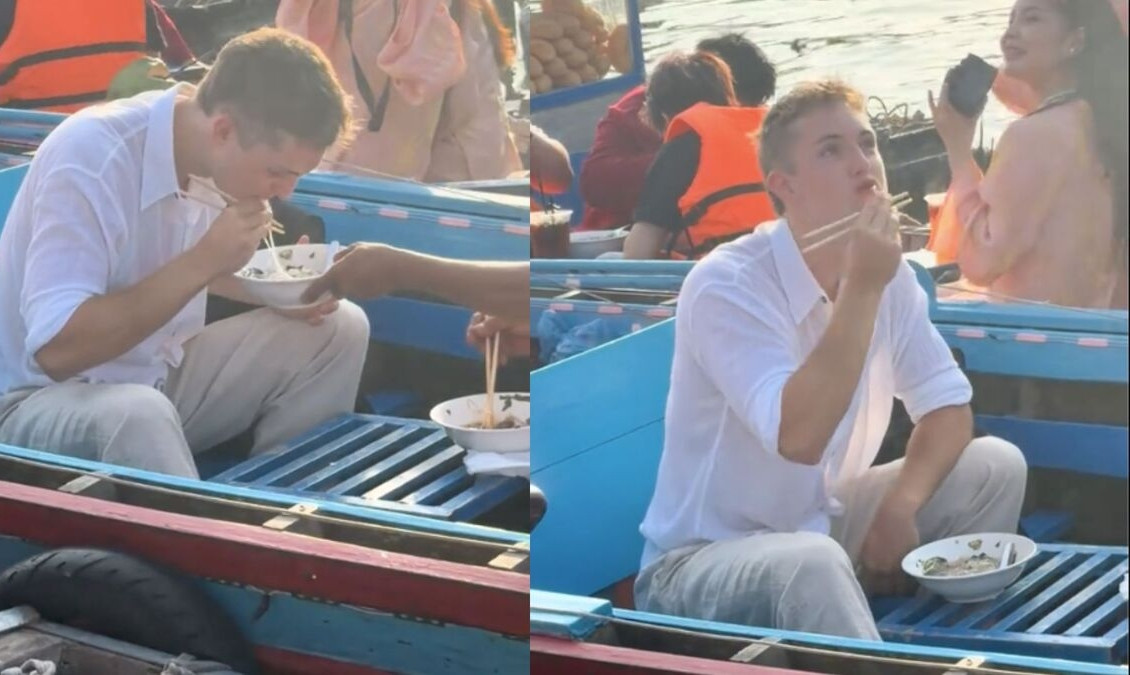Clip chàng Tây đẹp trai lóng ngóng cầm đũa ăn bún ở chợ nổi &amp;apos;gây mê&amp;apos; dân mạng缩略图