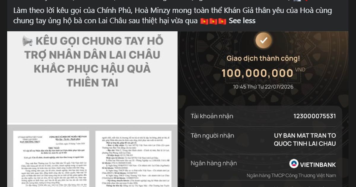 Hòa Minzy chung tay cứu trợ, đóng góp 100 triệu đồng sau thiên tai缩略图