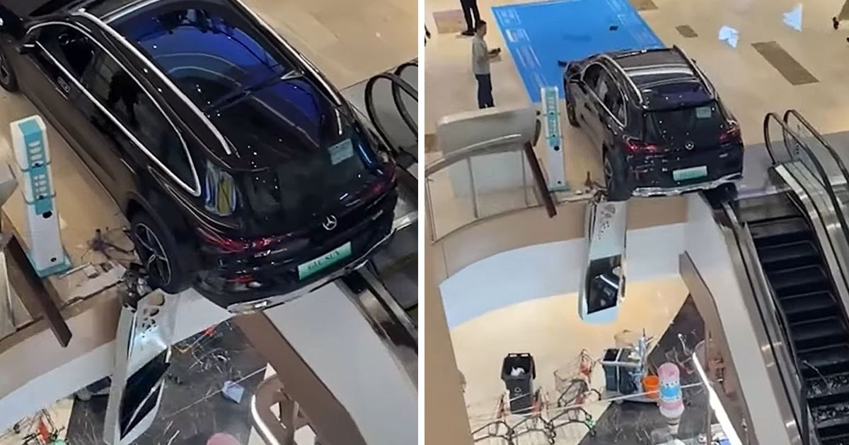 Chiếc Mercedes lao xuyên lan can trung tâm thương mại, suýt rơi xuống tầng dưới sau pha lùi xe bất ngờ khiến ai cũng hoảng hốt缩略图