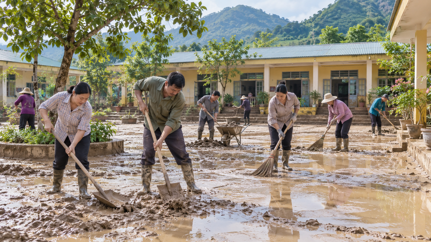 Vỡ kè chống lũ tại Bắc Lý, bùn đất tràn vào hai trường học缩略图